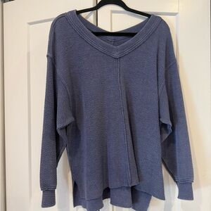 aerie Ribbed V-Neck Waffle Top in Denim Blue